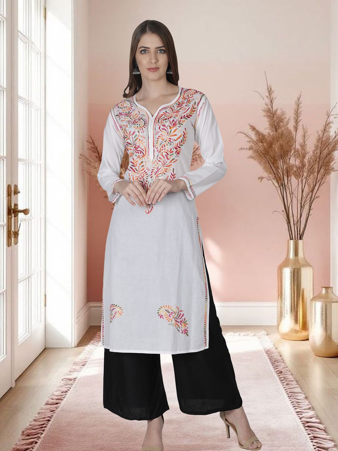 Seva Chikan Ethnic Motifs Chikankari Embroidered Cotton Kurta