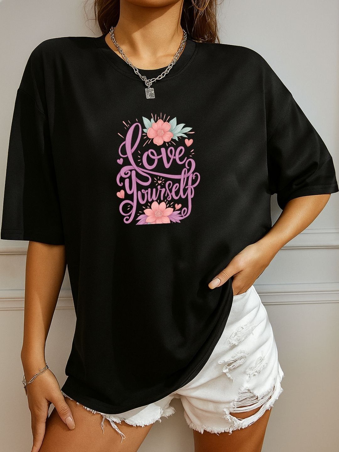 SZN Women Round Neck Cotton Oversized Typography Printed T-shirt