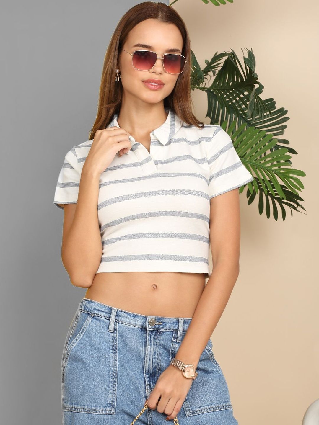 SZN Women Striped Polo Collar Slim Fit T-shirt