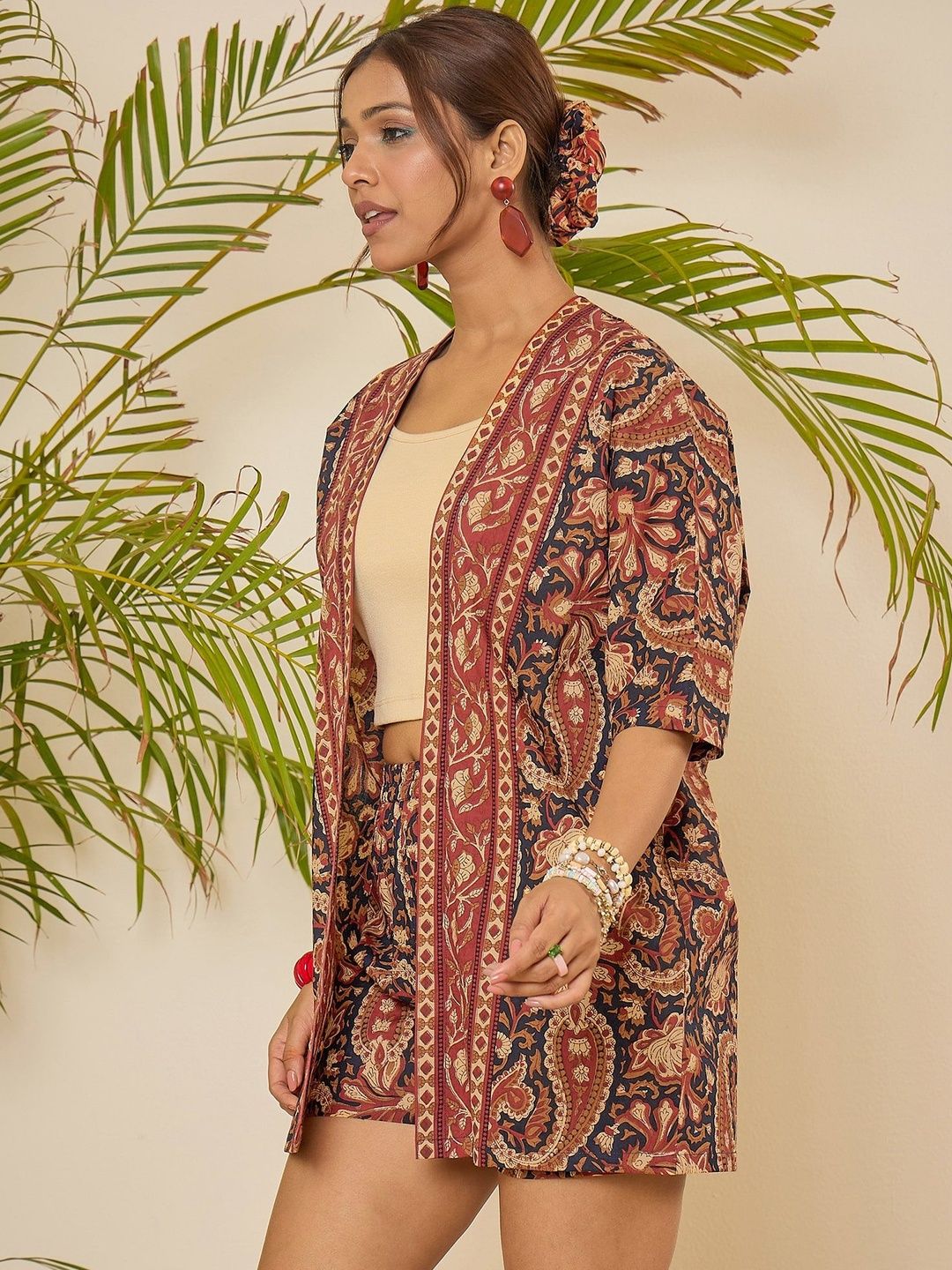 Floral Printed Round Neck Pure Cotton Shrug With Shorts 2