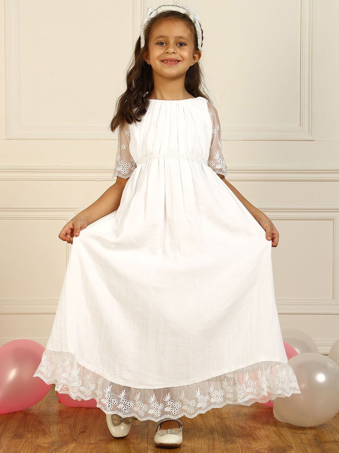 Miyo Girls Embroidered Puff Sleeve Fit & Flare Maxi Dress