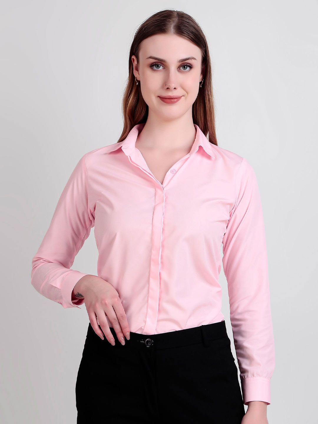 SWAZ Women Pink Slim Fit Solid Spread Collar Formal Shirt