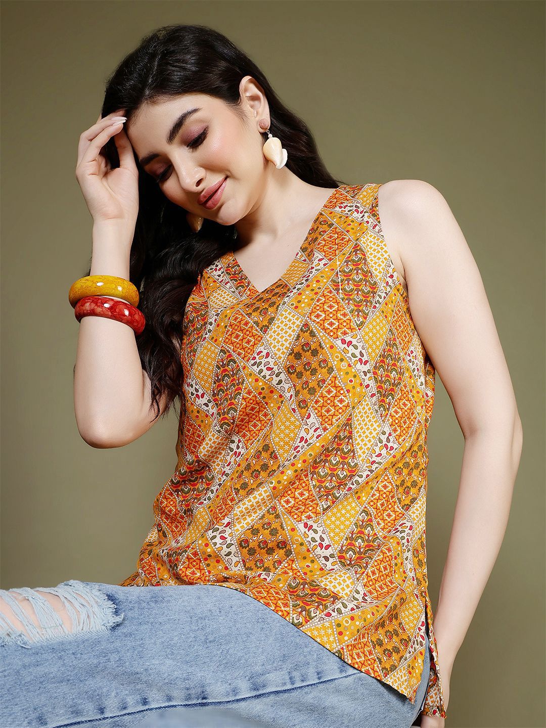 KALAMIR Women Ethnic Motifs Printed V-Neck Pure Cotton Kurti