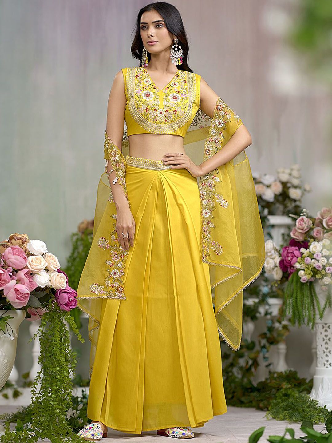 Buy CHHAAP Yellow Ethnic Silk Co Ords Embroidered V Neck Top With Shrug With Skirt -  - Apparel for Women