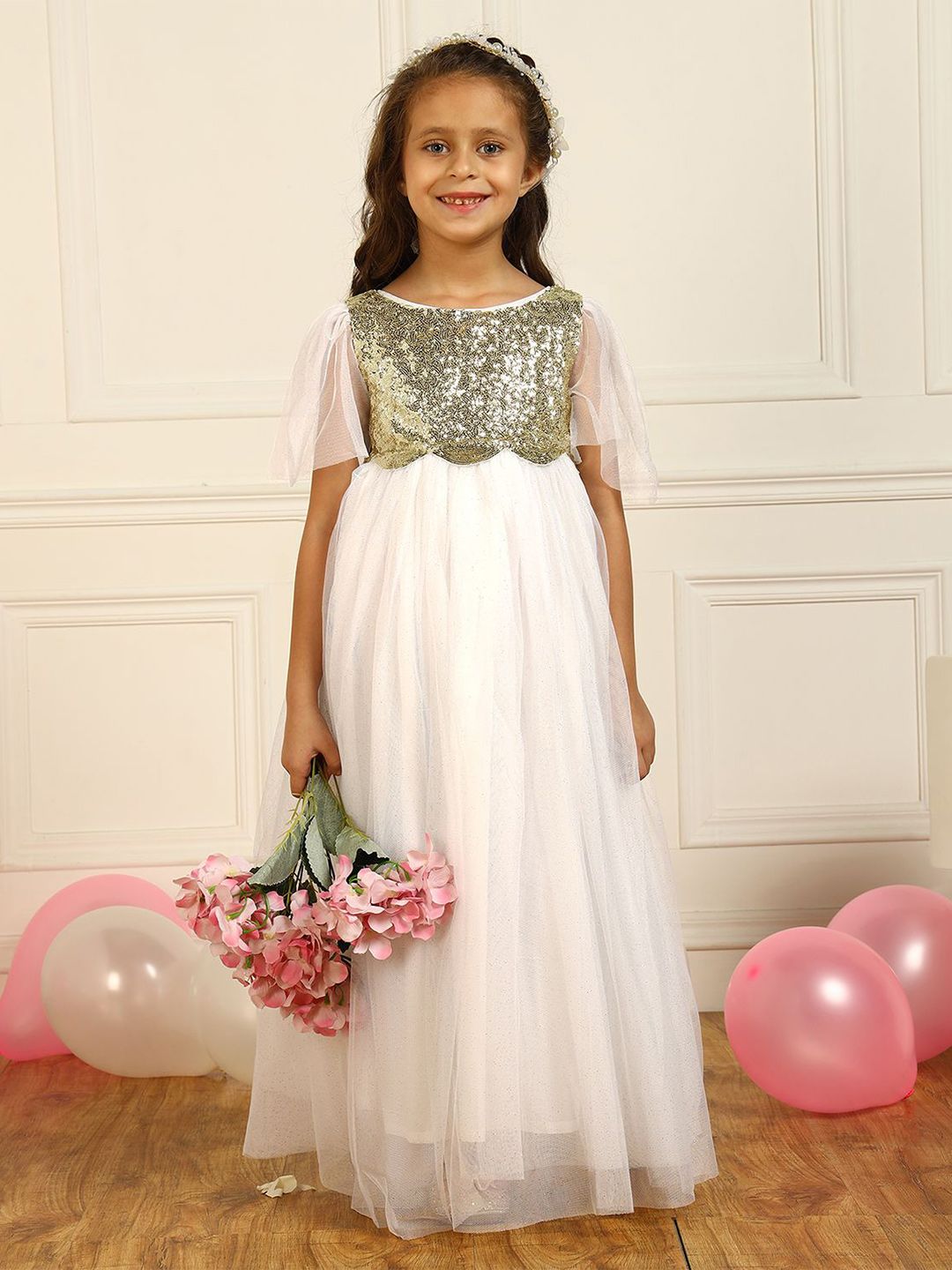 Miyo Embellished Girls White Sequined Flared Sleeves Maxi Dress