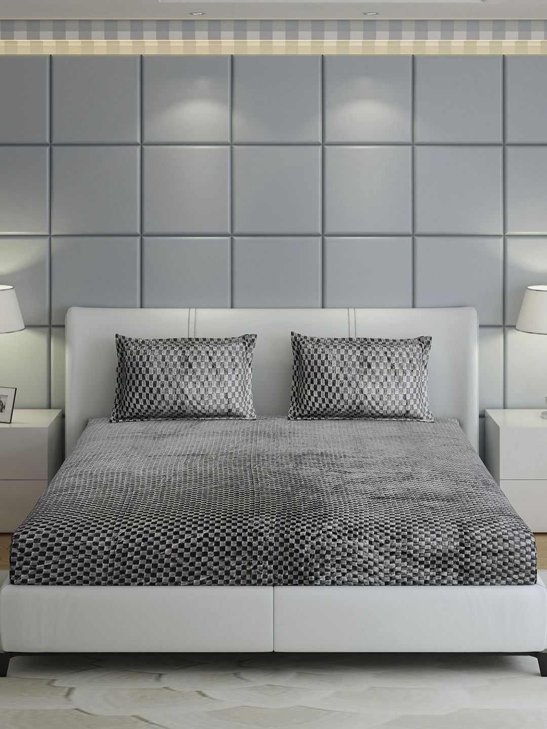 Monte Carlo Grey Geometric 300 TC King Bedsheet with 2 Pillow Covers 393 GSM