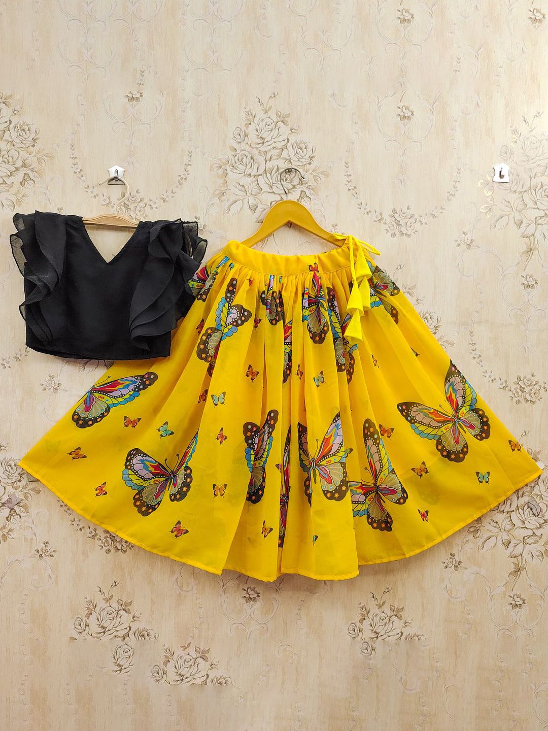 JOVK DESIGN Girls Yellow Printed Drawstring Lehenga Choli