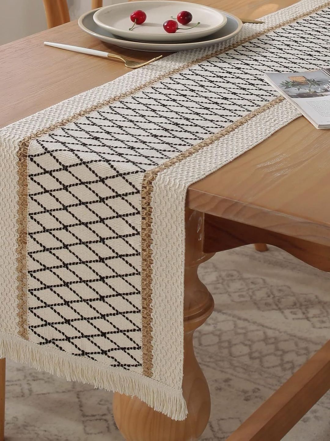 Alexvyan Black & Off White Textured Table Cotton Runner With Tassels