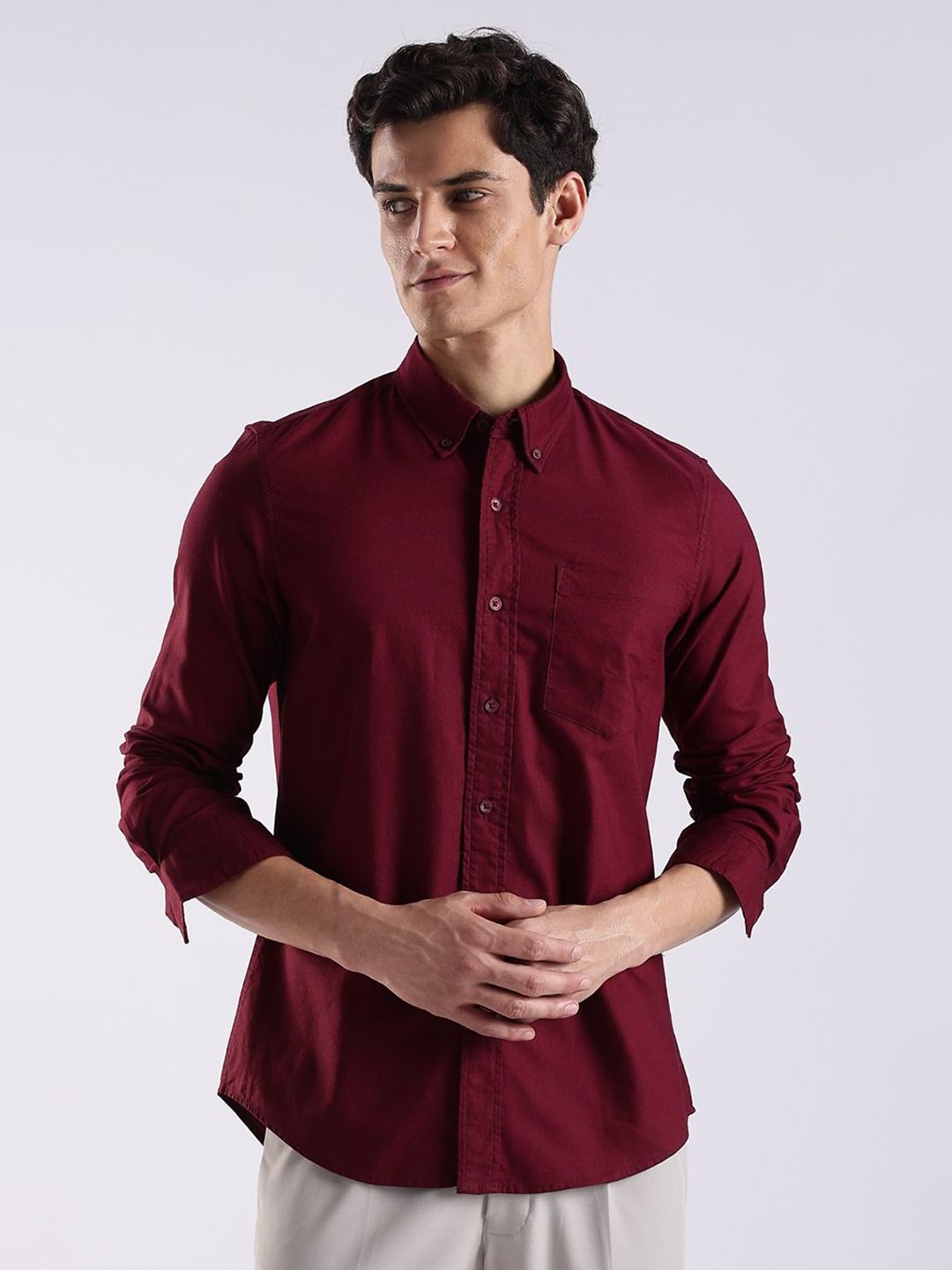 Blu MNKY Men Classic Slim Fit Solid Button-Down Collar Cotton Casual Shirt