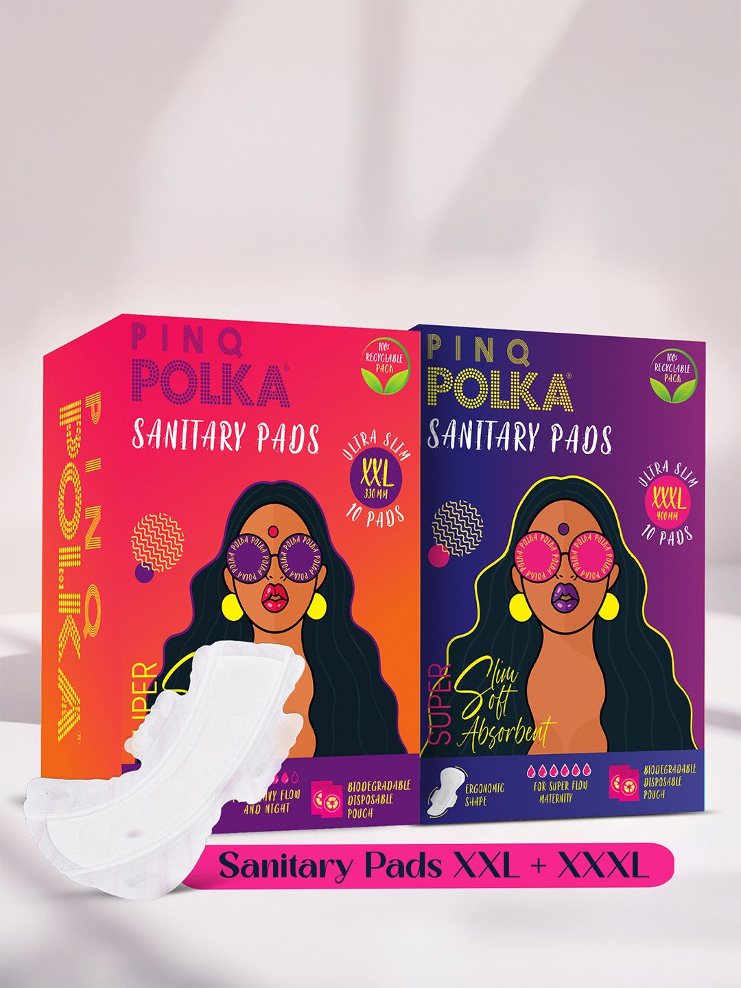 PINQ POLKA Set of 2 Premium Organic Ultra Cotton Feel XXL & XXXL Sanitary Pads-10 Pcs Each