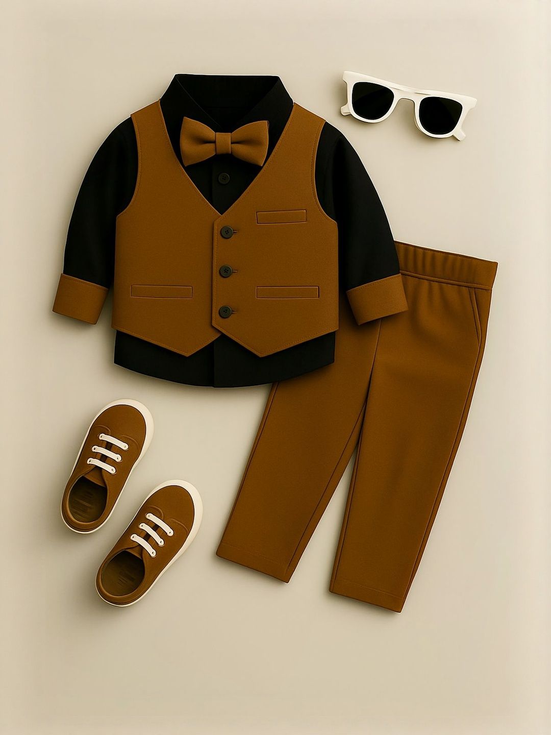 TOGEPI Boys Brown Pure Cotton Party Wear Suit Set with Bow Tie