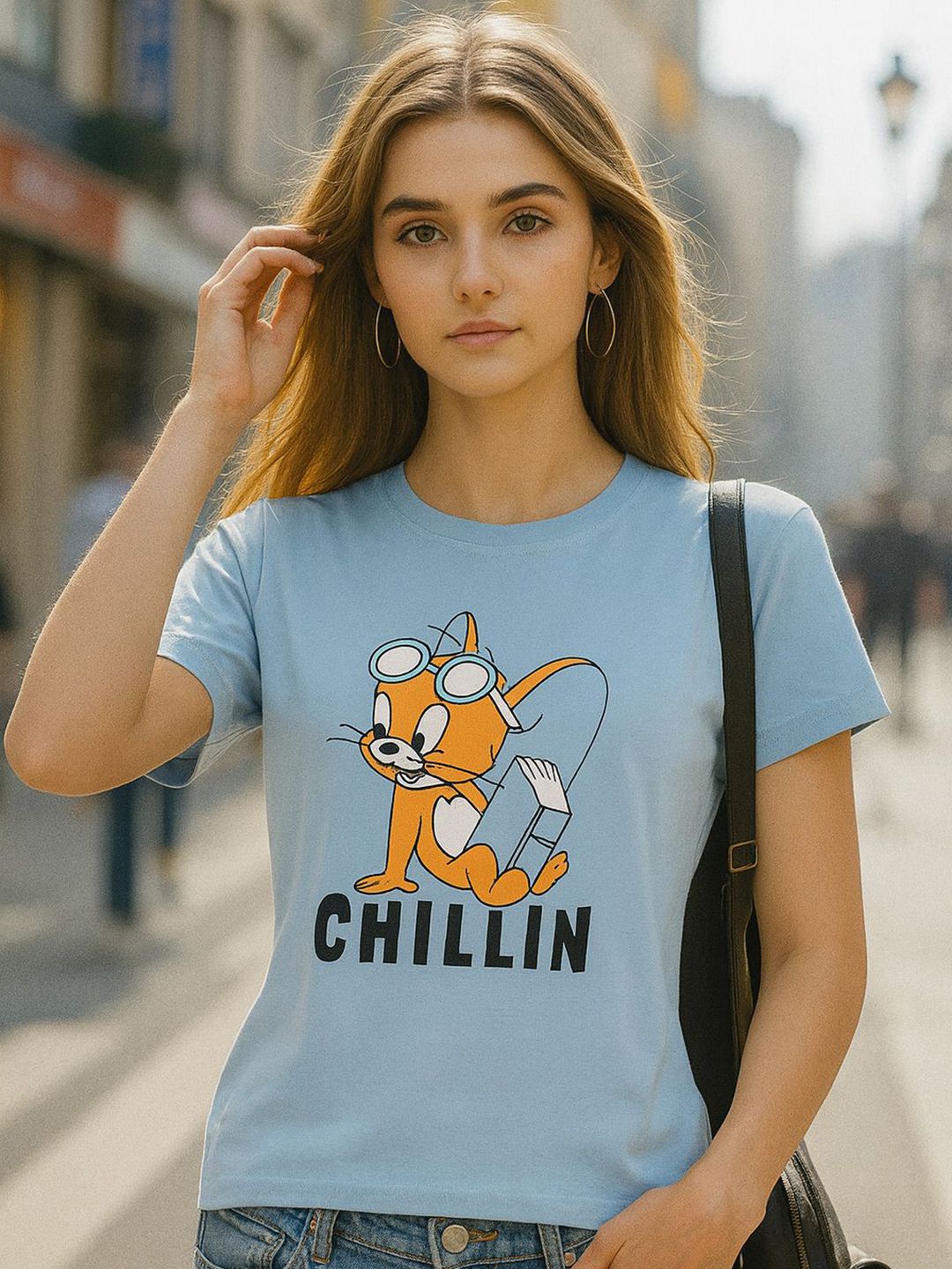 Fabflee Women Cotton Graphic Printed Round Neck Tom & Jerry Casual T-shirt