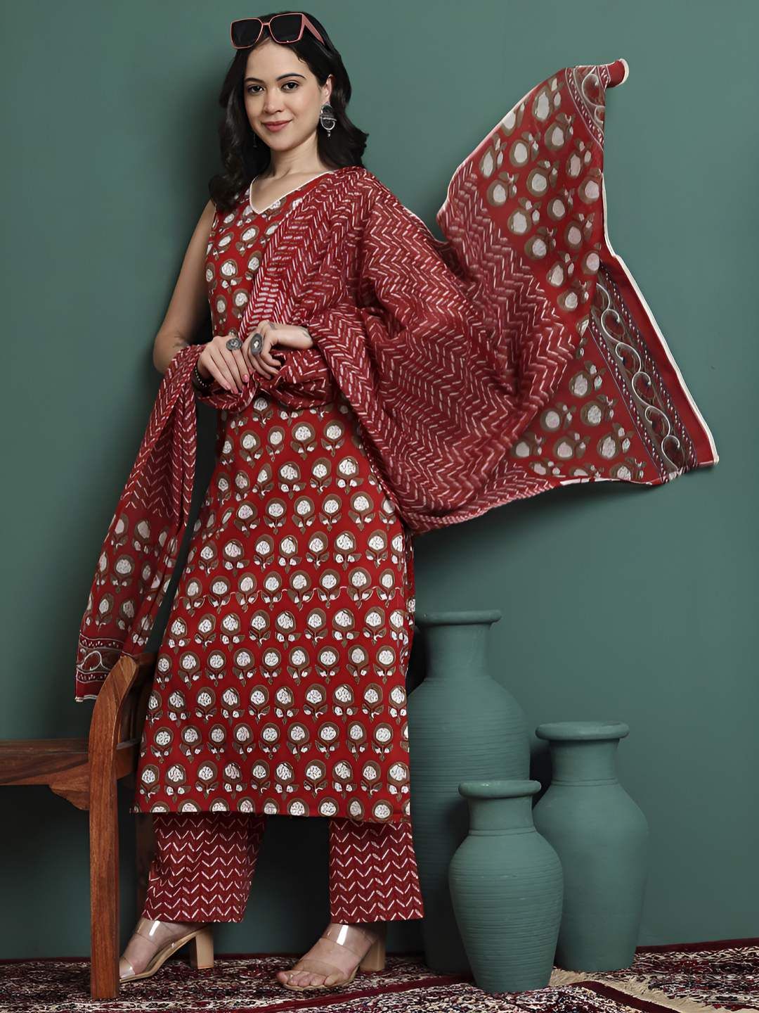 NYPA Ethnic Motifs Printed V-Neck Pure Cotton Straight Kurta With Palazzos & Dupatta