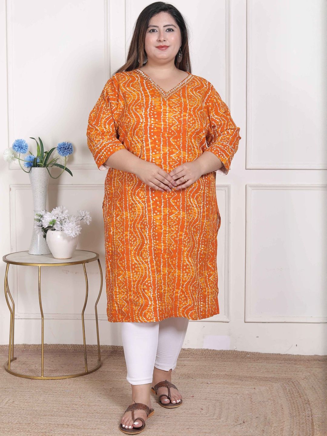 Doriyaan Women Plus Size  Yellow Bandhani Printed Straight Kurta