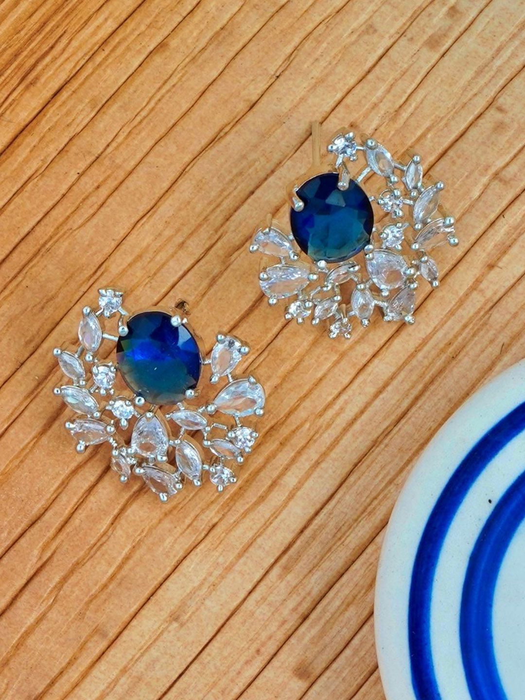 Gemron Jewel Rhodium Plated American Diamond Studded Oval Shaped Studs