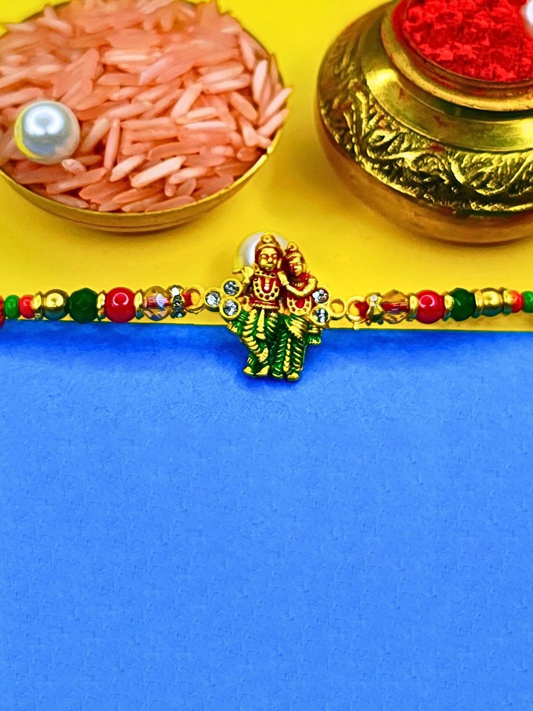 MANSIYAORANGE American Diamonds Studded & Beaded Meenakari Thread Rakhi