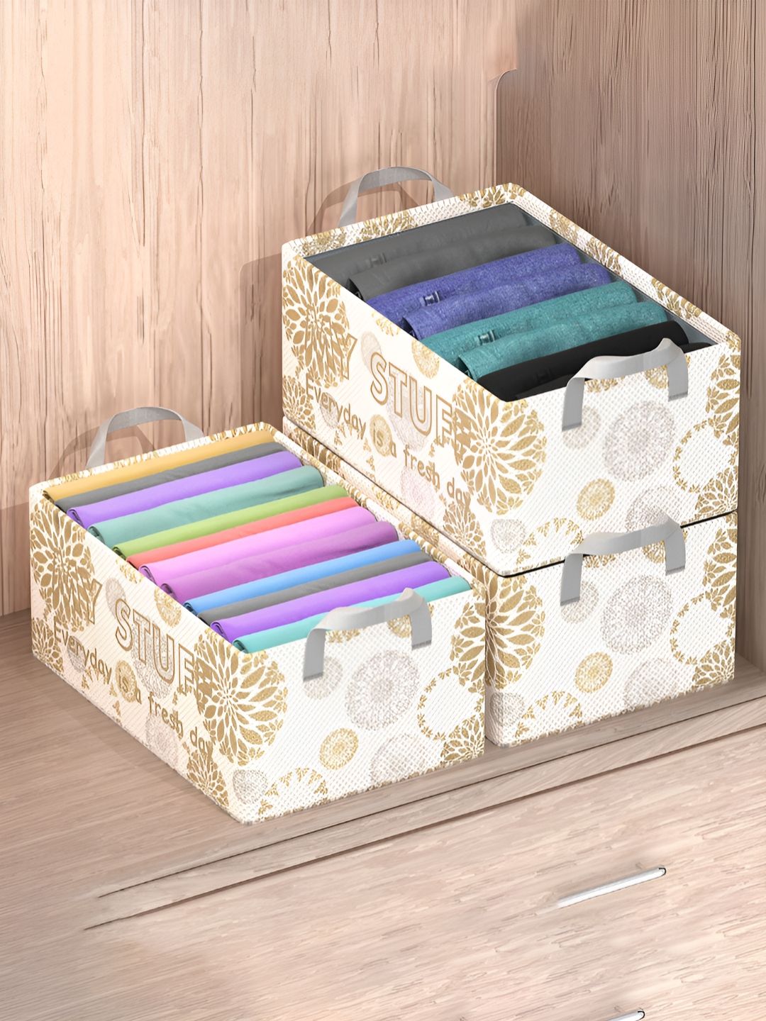 Myntra Elegant Homes White & Gold Toned 3 Pieces Printed Storage Box Organisers