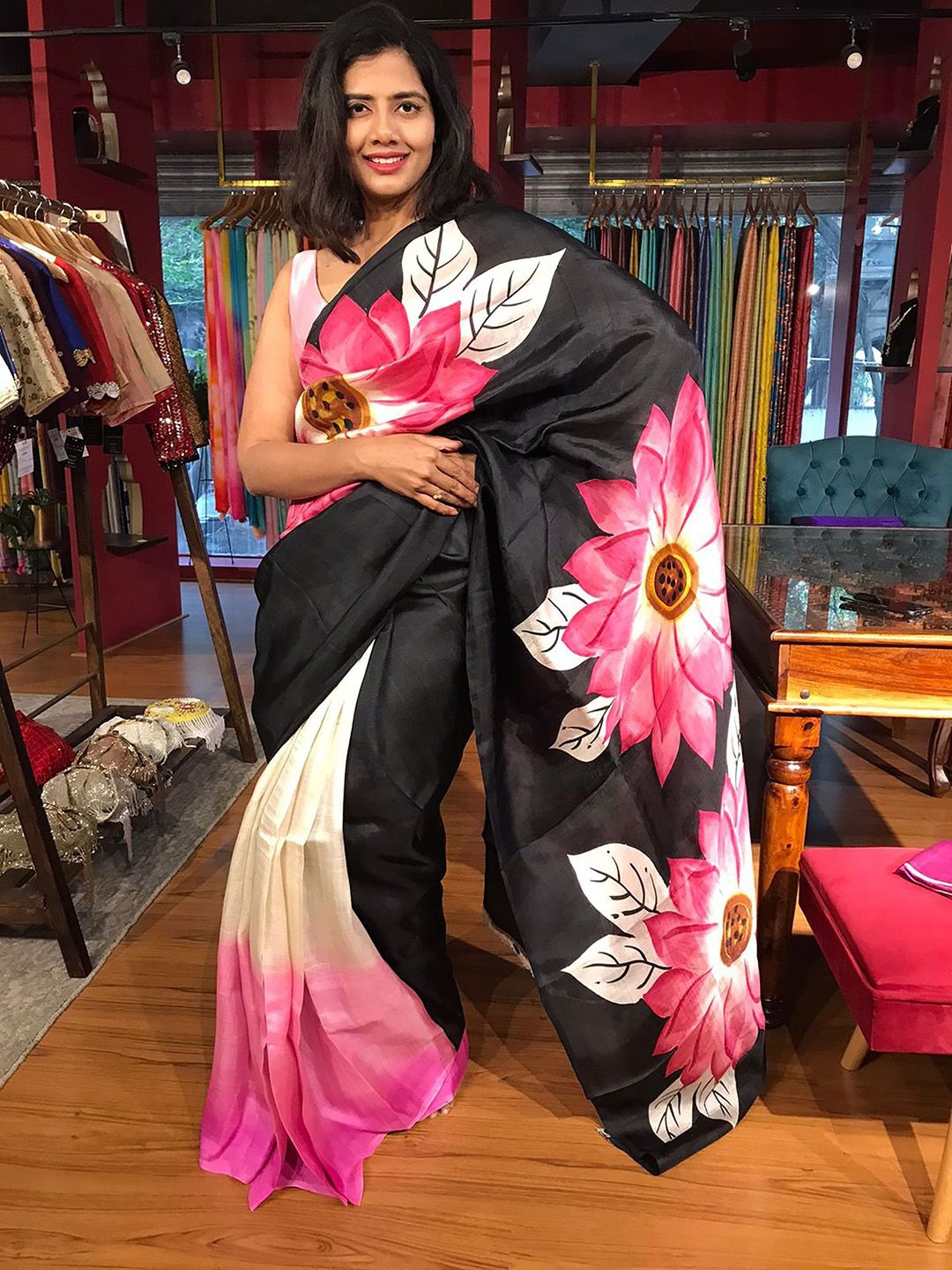 Mitera Floral Pure Cotton Block Print Saree with Blouse Piece