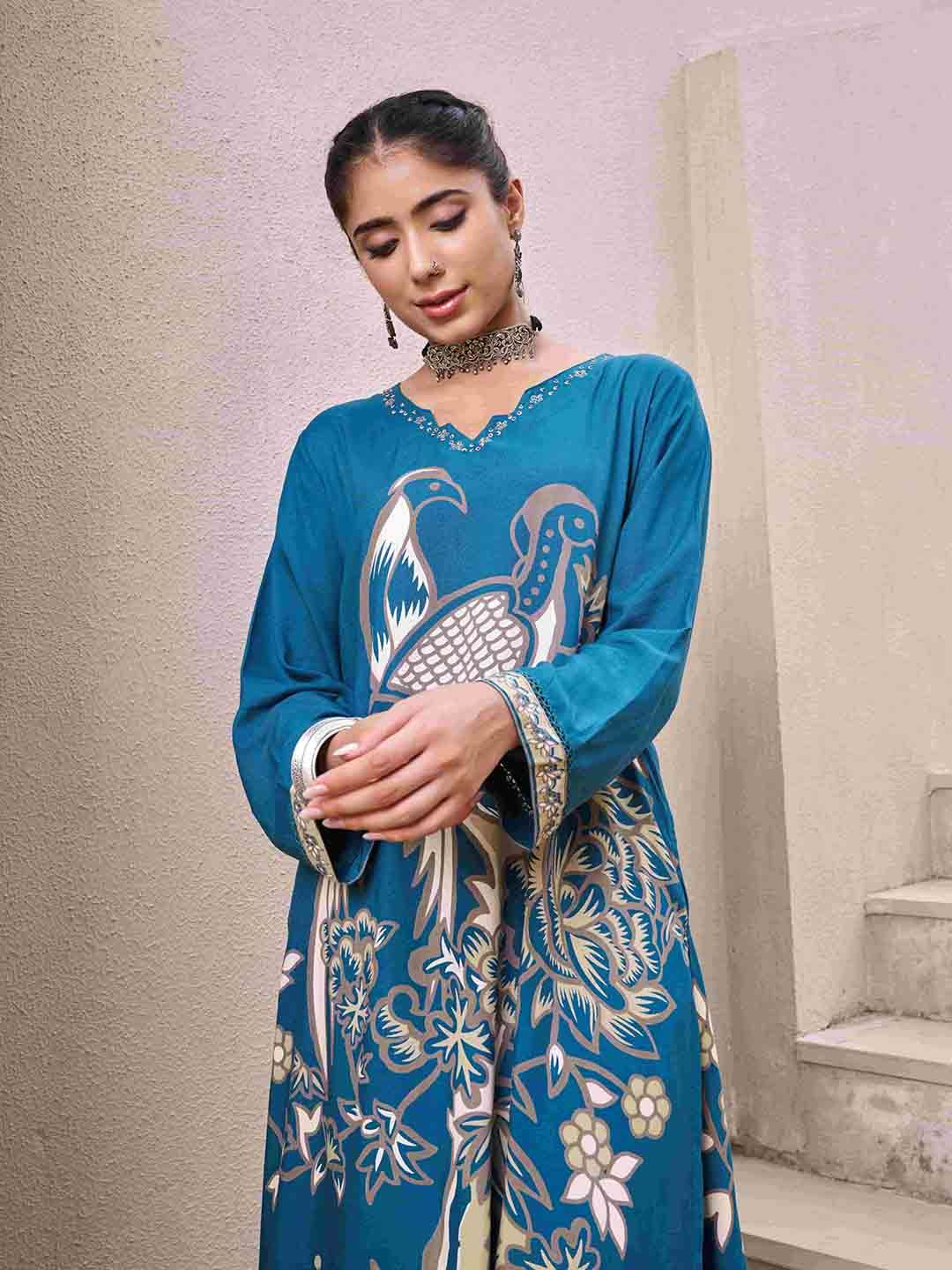 Sangria Women Floral & Bird Printed & Embroidered Straight Kurta & Palazzos