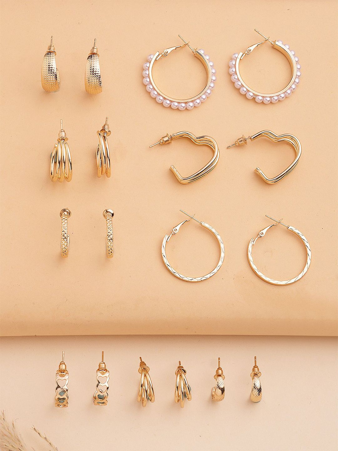 Bohey by KARATCART Set Of 9 Gold-Plated Semi Circular Shaped Half Hoop Earrings
