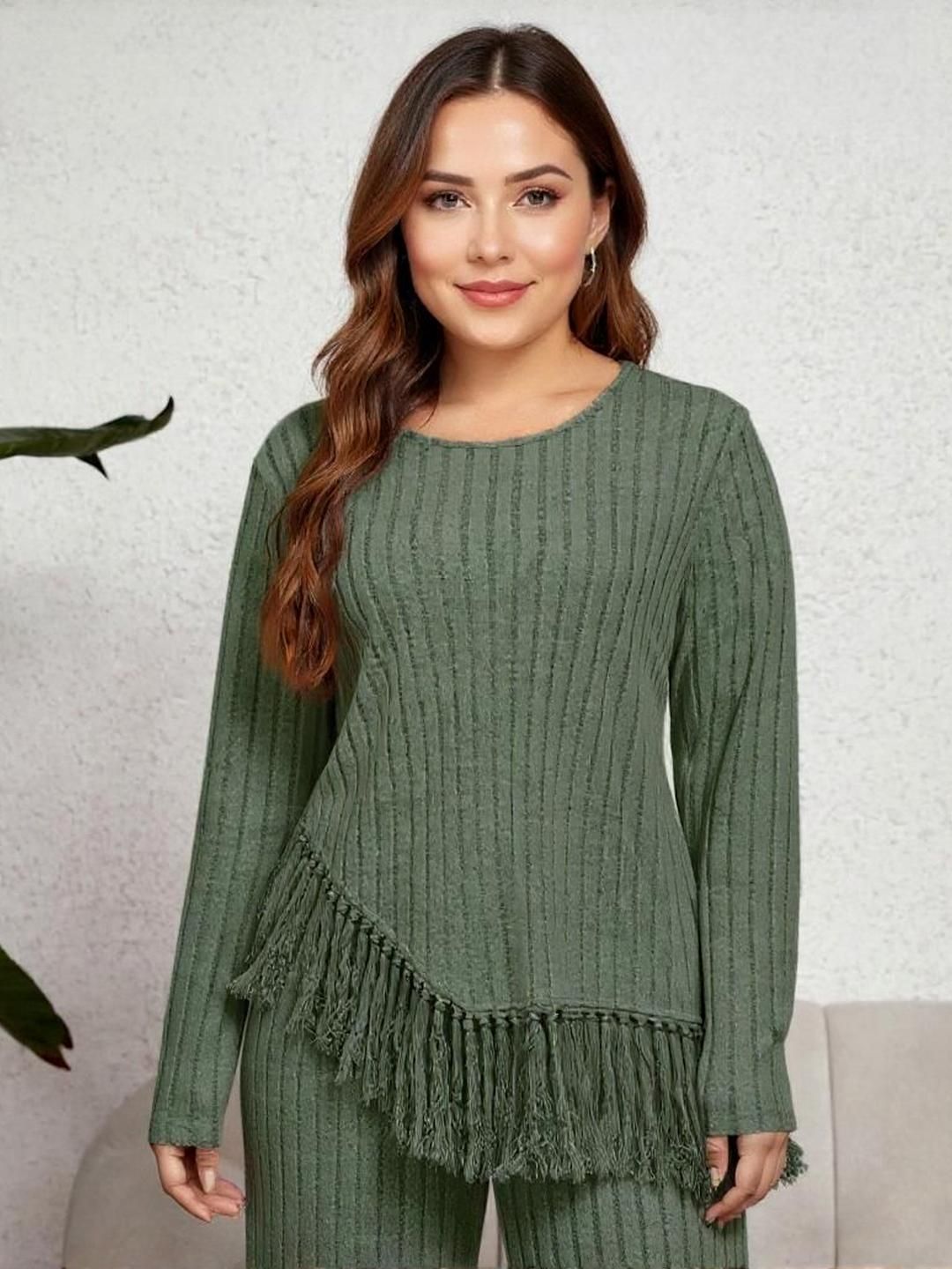 Sztori Plus Size Round-Neck Rib kKnit Top With Trousers Co-Ords