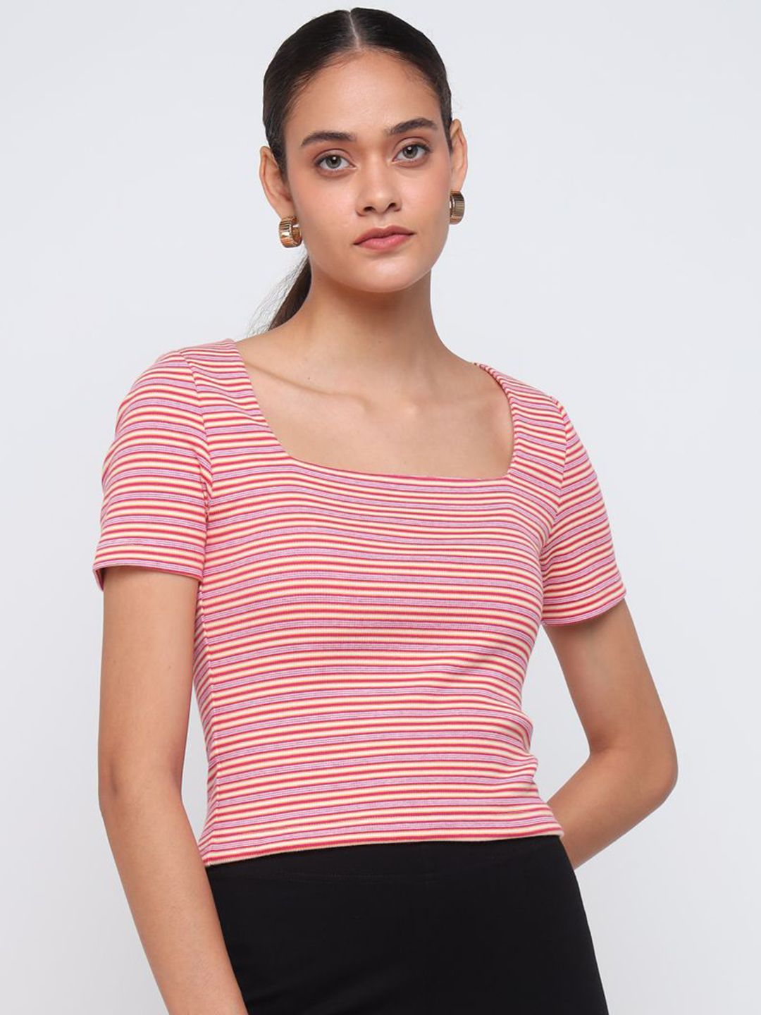 COVER STORY Women Striped Scoop Neck Cotton T-shirt