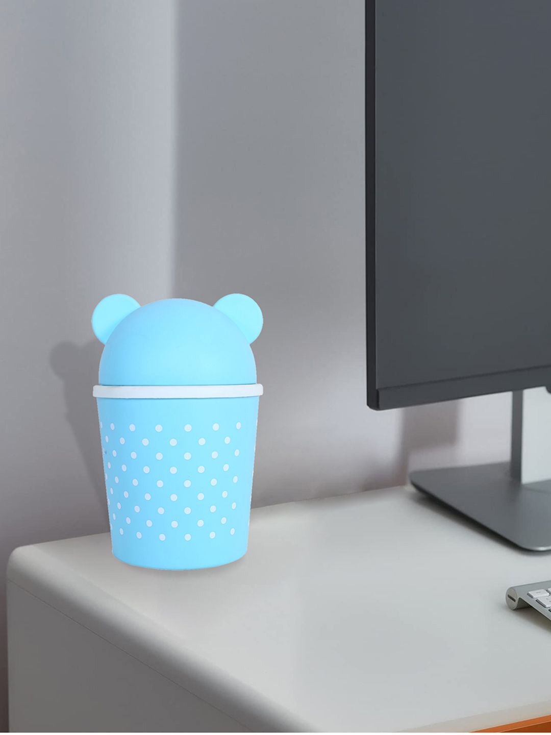 Kuber Industries White & Blue Printed Plastic Desktop Trash Can Swing Lid Dustbin