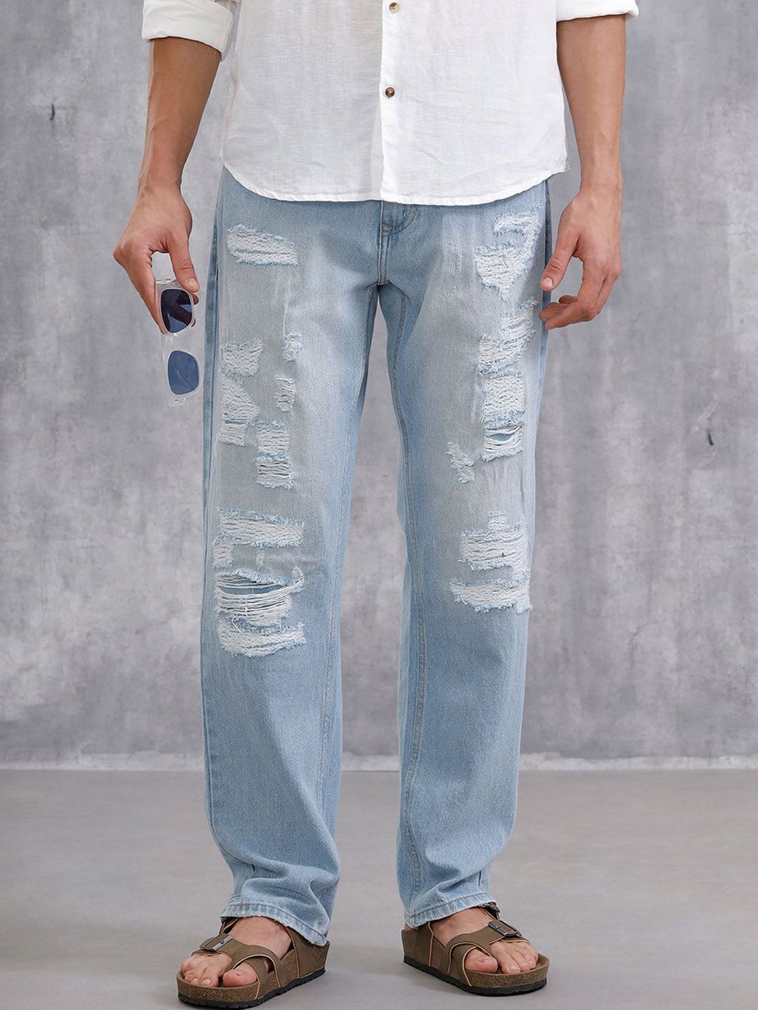 WROGN Men Comfort Relaxed Fit Mid-Rise Highly Distressed Heavy Fade Jeans