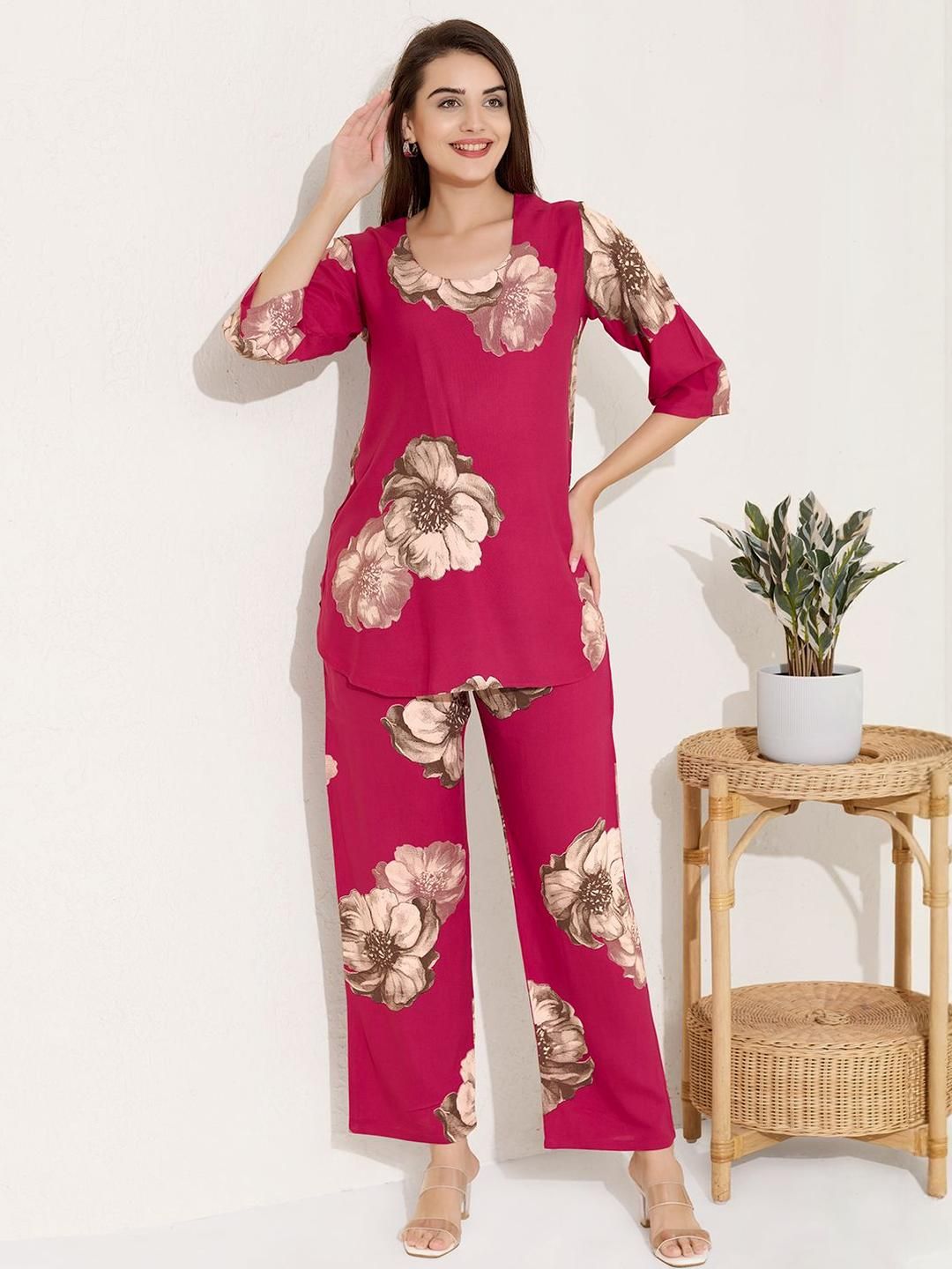 Buy QUIRA Printed Linen Round Neck Tunic With Trousers Co Ords -  - Apparel for Women