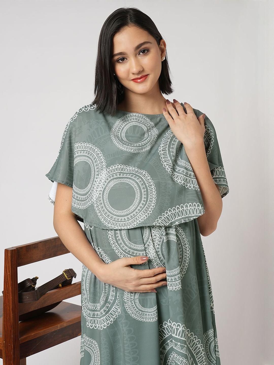 Mystere Paris Women Geometric Printed Cold-Shoulder Sleeves A-Line Maternity Dress