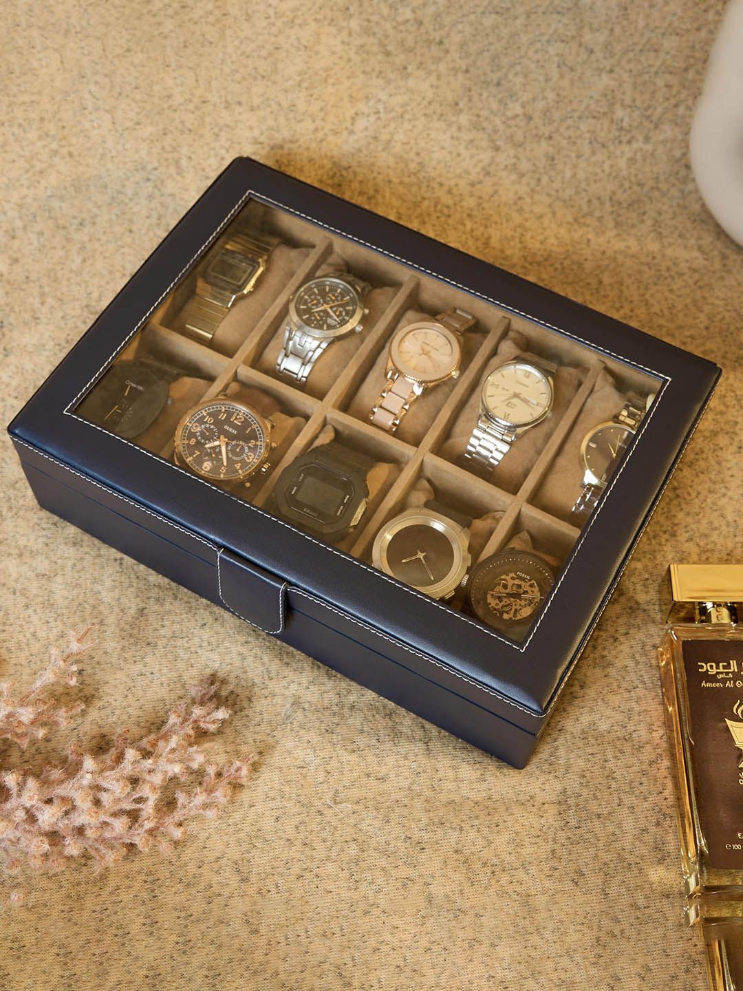Leather World Blue & Transparent 12-Slot Watch Organizer Box with Transparent Lid