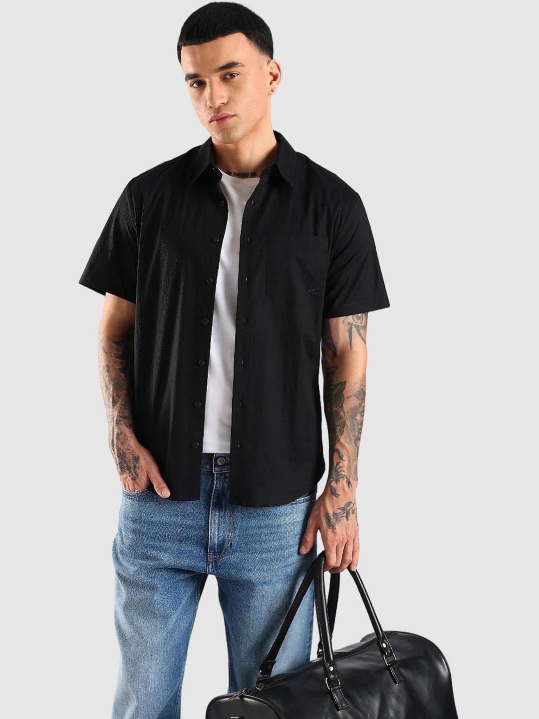 Calvin Klein Jeans Self Design Spread Collar Chest Pocket Cotton Casual Shirt
