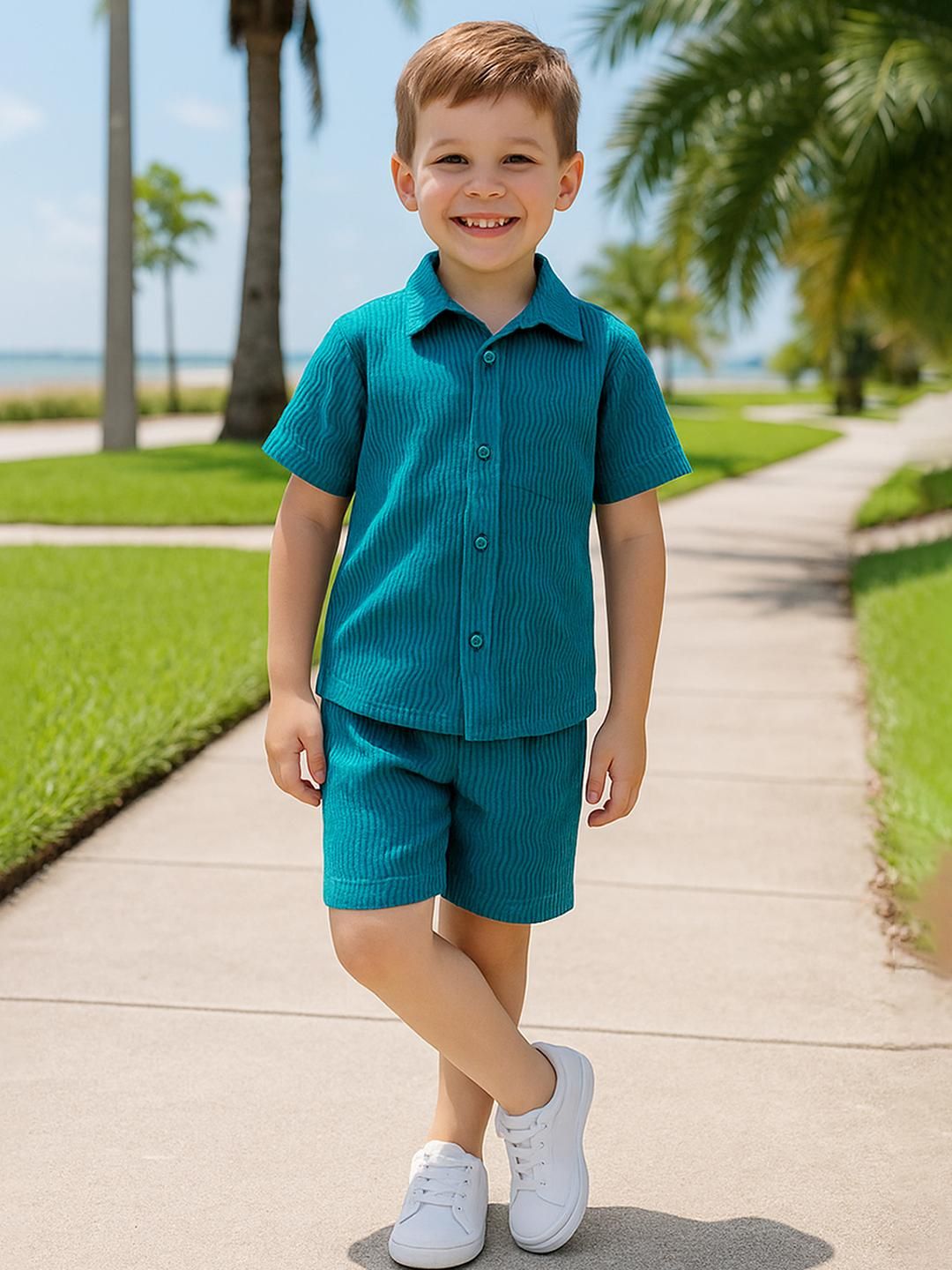 OMPAX Boys Green Raffel Stripe Solid Shirt and Shorts Set