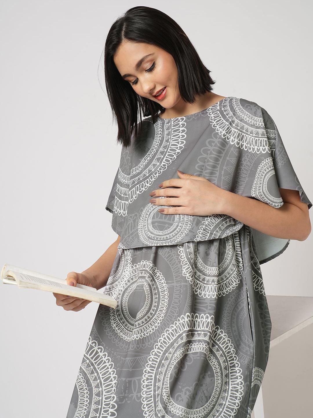 Mystere Paris Printed Boat Neck Cape Sleeves Maternity A-Line Maxi Dress