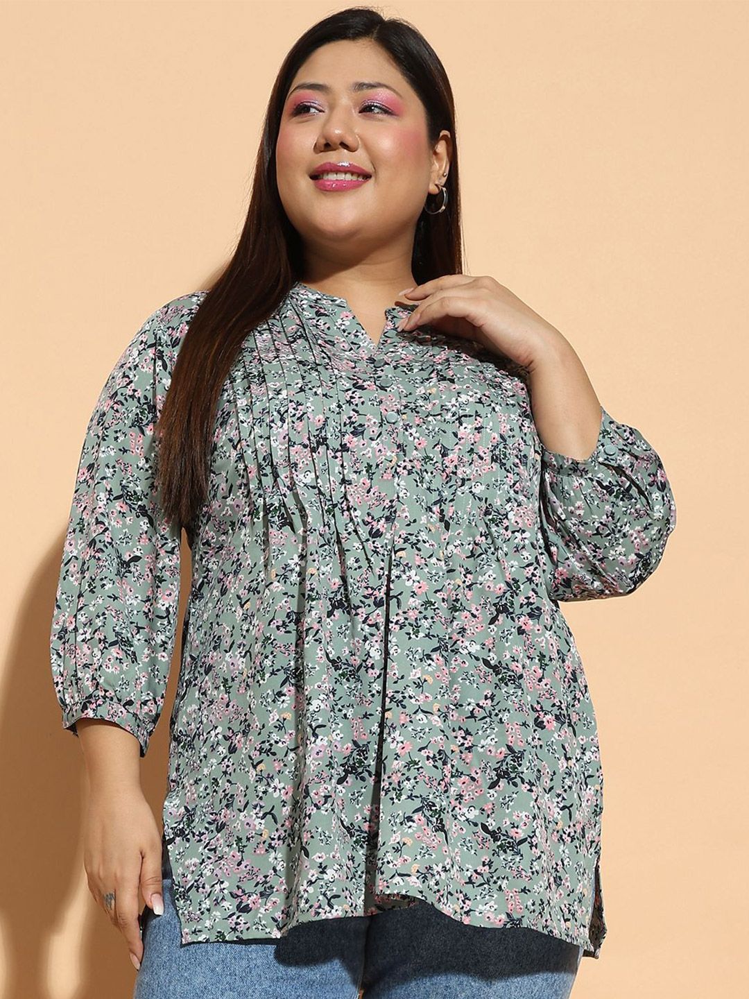 CLOCHOICE Women Plus Size Floral Printed Mandarin Collar Top