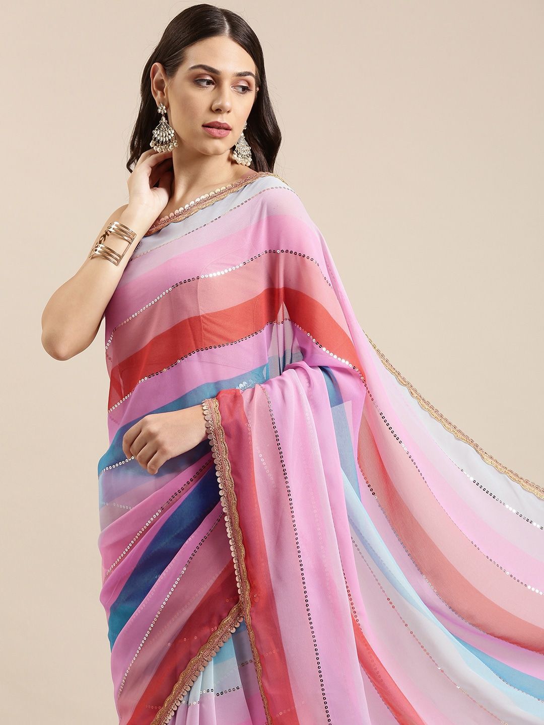 CLEMIRA Striped Pure Georgette Saree