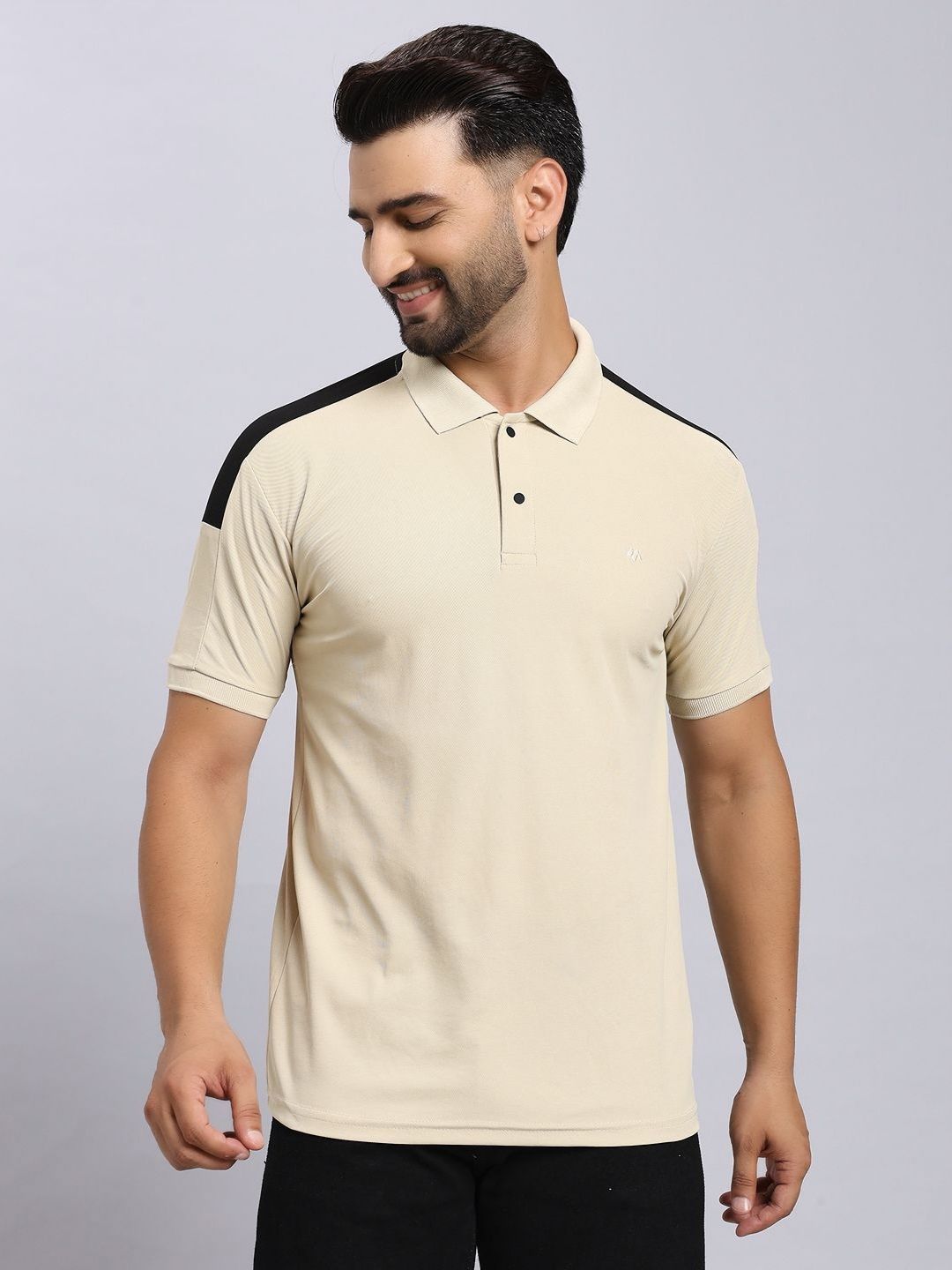 Beige & Black Solid Polo Collar Regular Fit T-shirt
