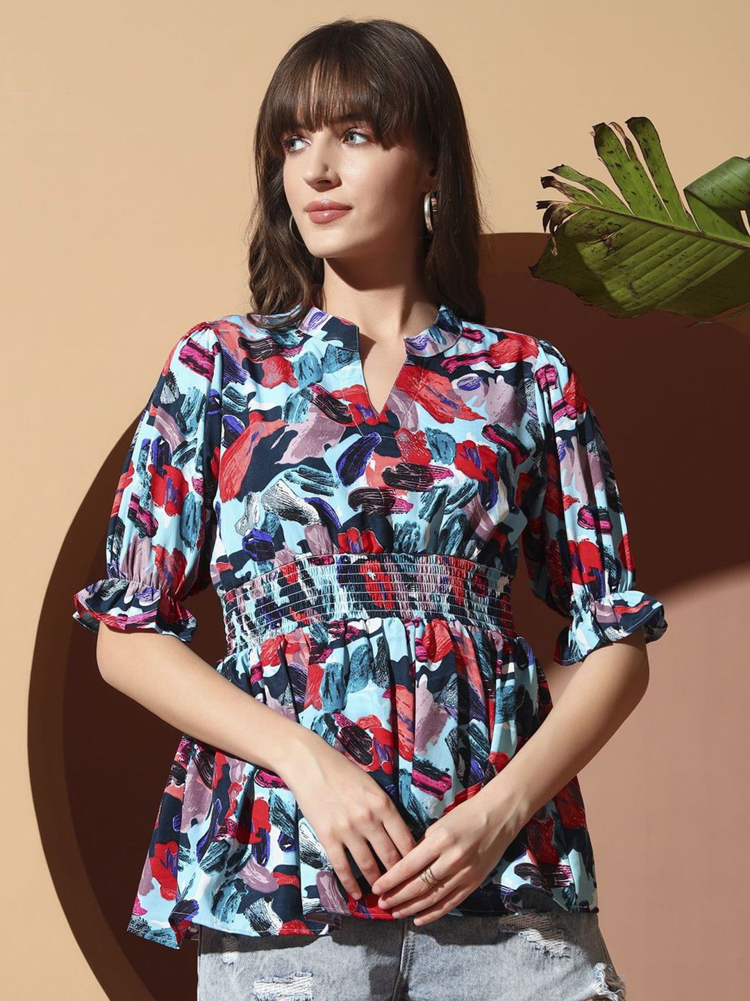 ZWERLON Women Abstract Printed Mandarin Collar Puff Sleeve Smocked Peplum Top