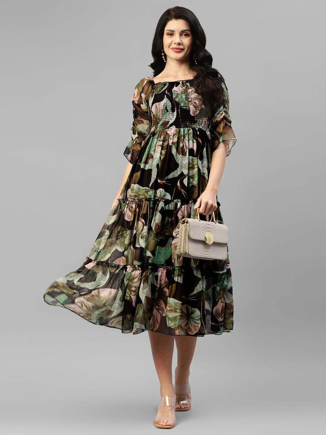 PTVIZE Women Floral Printed Puff Sleeve Tiered Pleated Detail Fit and Flare Midi Dress