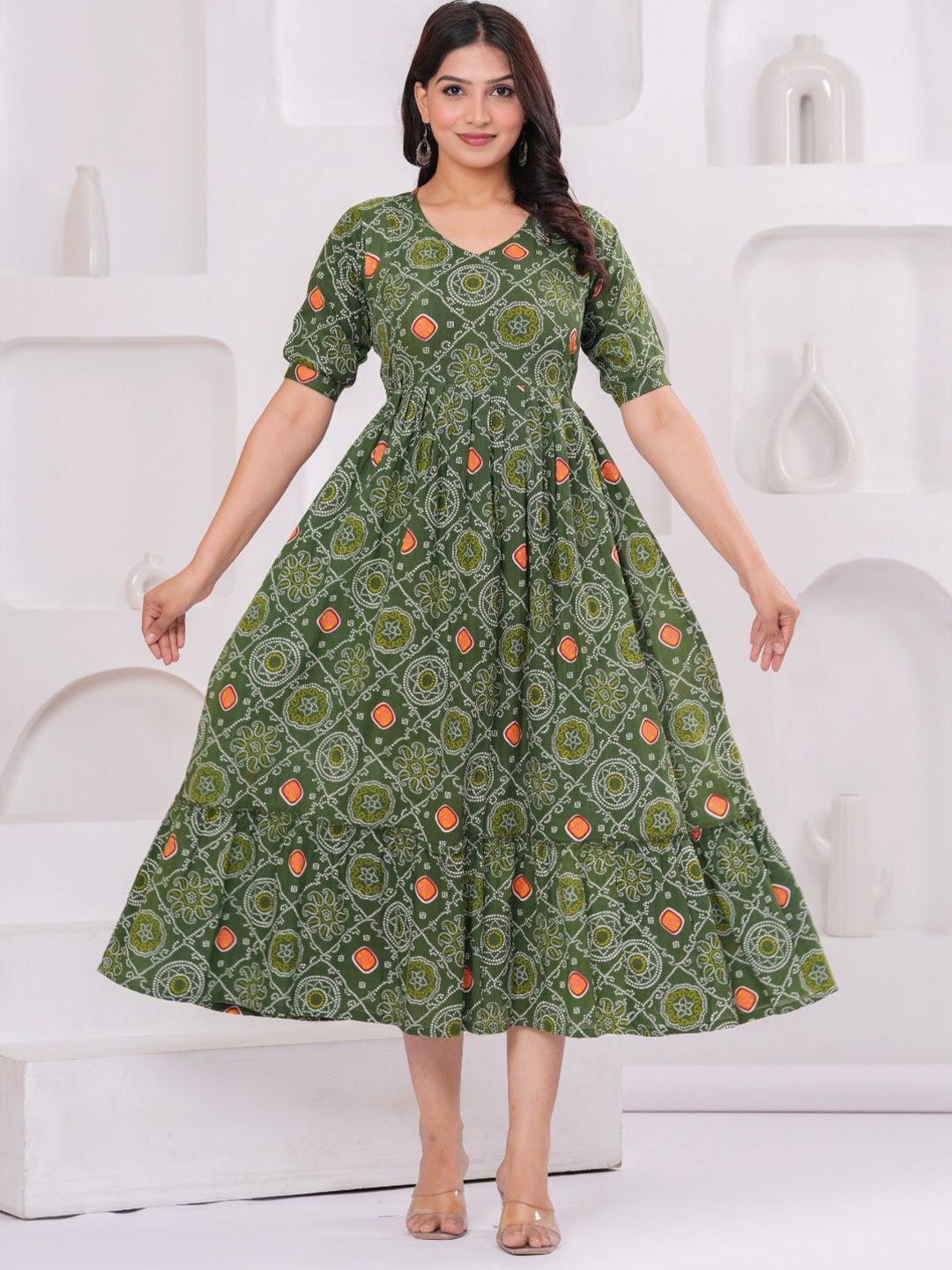 UrbanRang Women Ethnic Printed Puff Sleeve Maternity Cotton Fit and Flare Dress