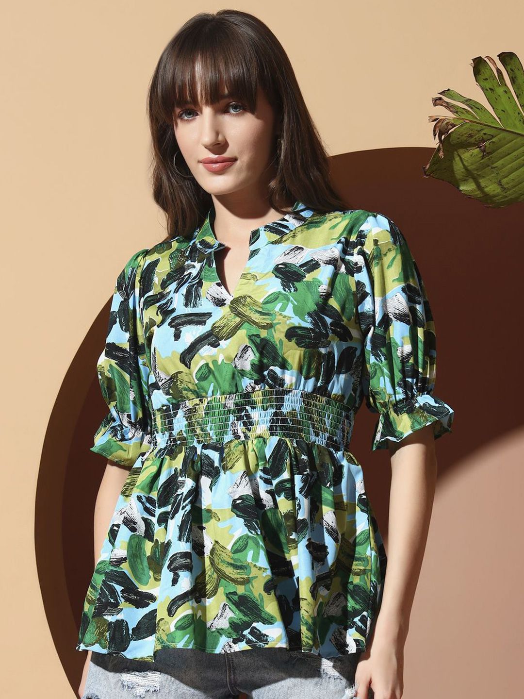 ZWERLON Women Abstract Printed V-Neck Bell Sleeves Smocked Peplum Regular Top