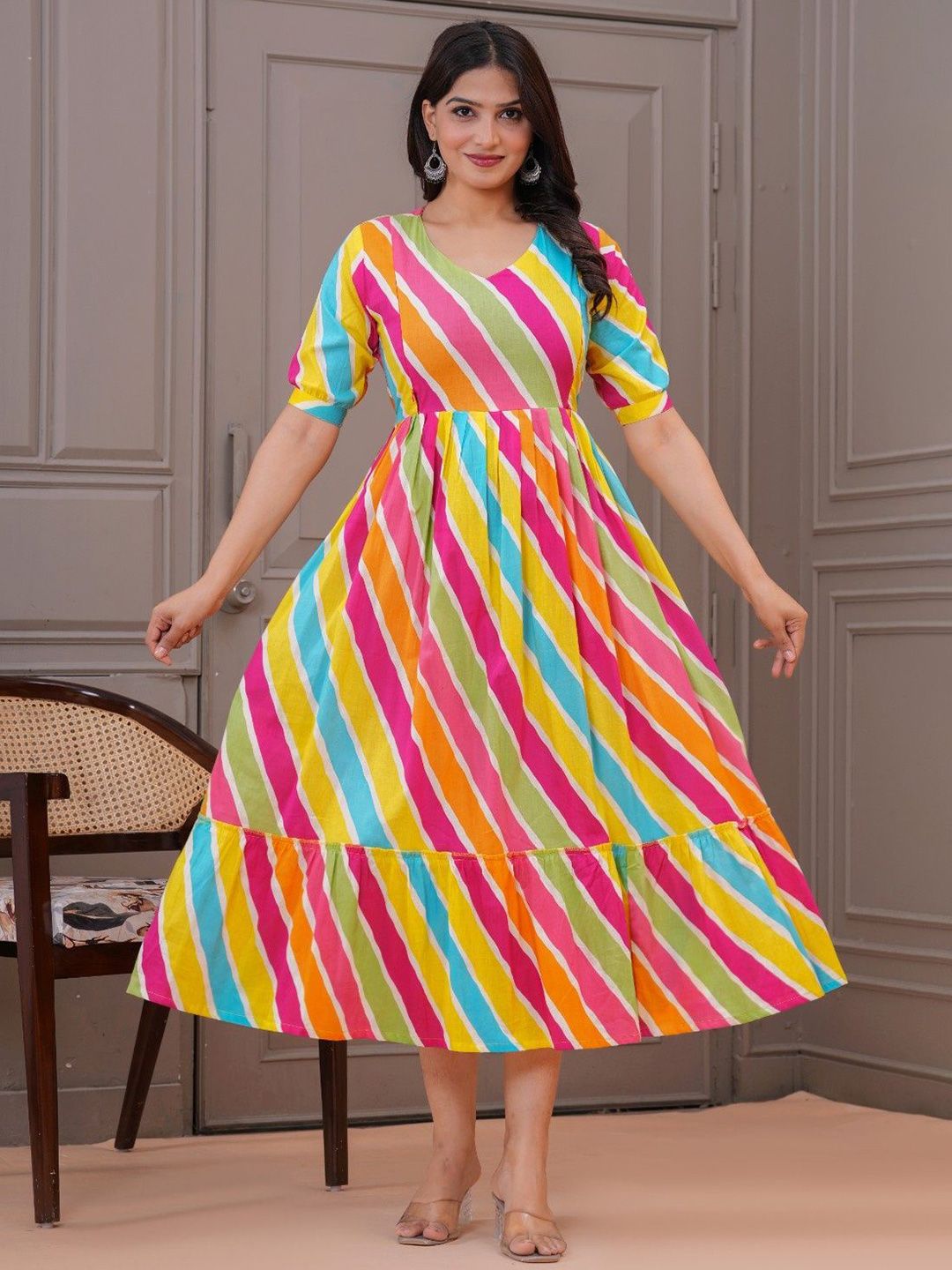 UrbanRang Leheriya Print Puff Sleeve Maternity Fit & Flare Midi Dress