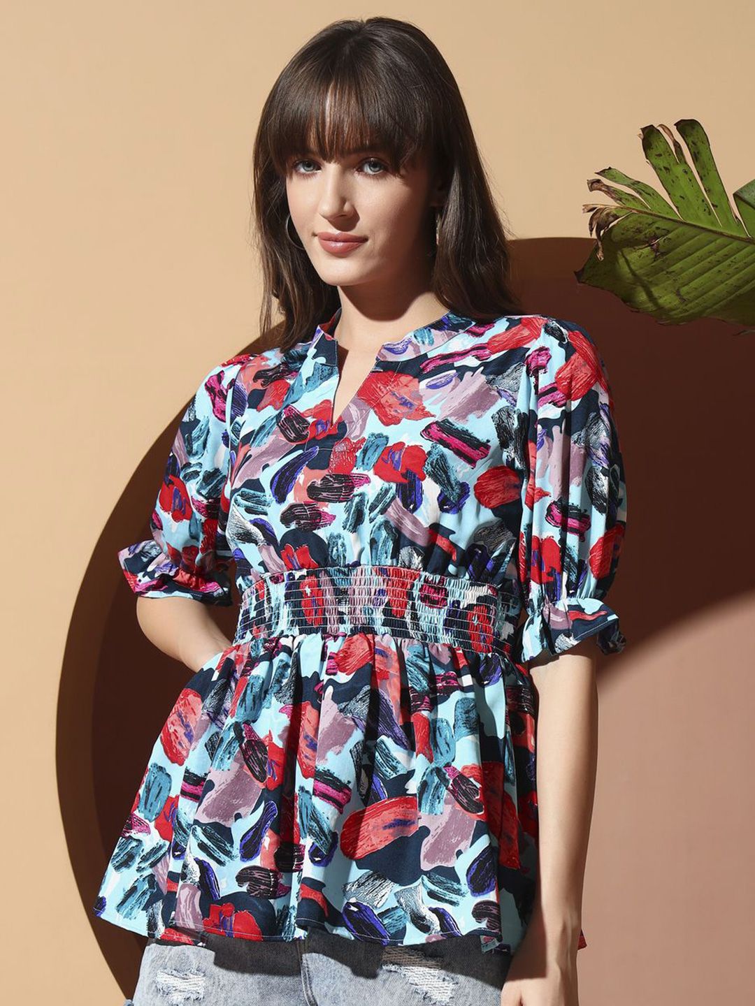 ZWERLON Women V-Neck Print Puff Sleeve Smocked Top