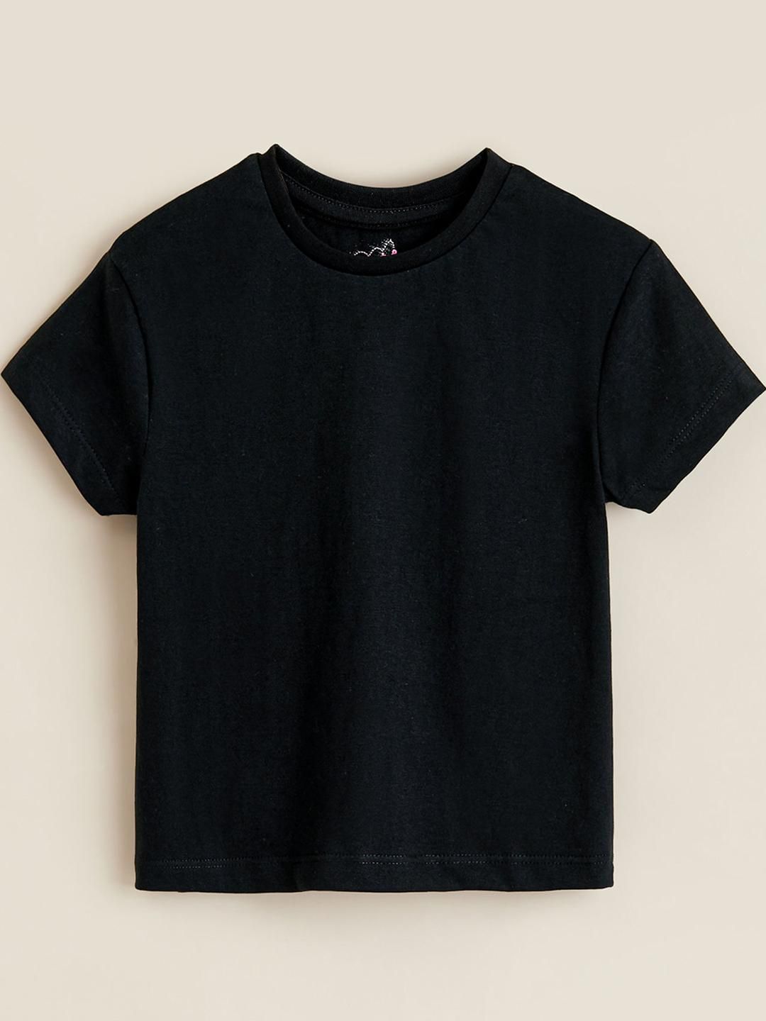 Hopscotch Girls Black Solid Cotton T-shirt