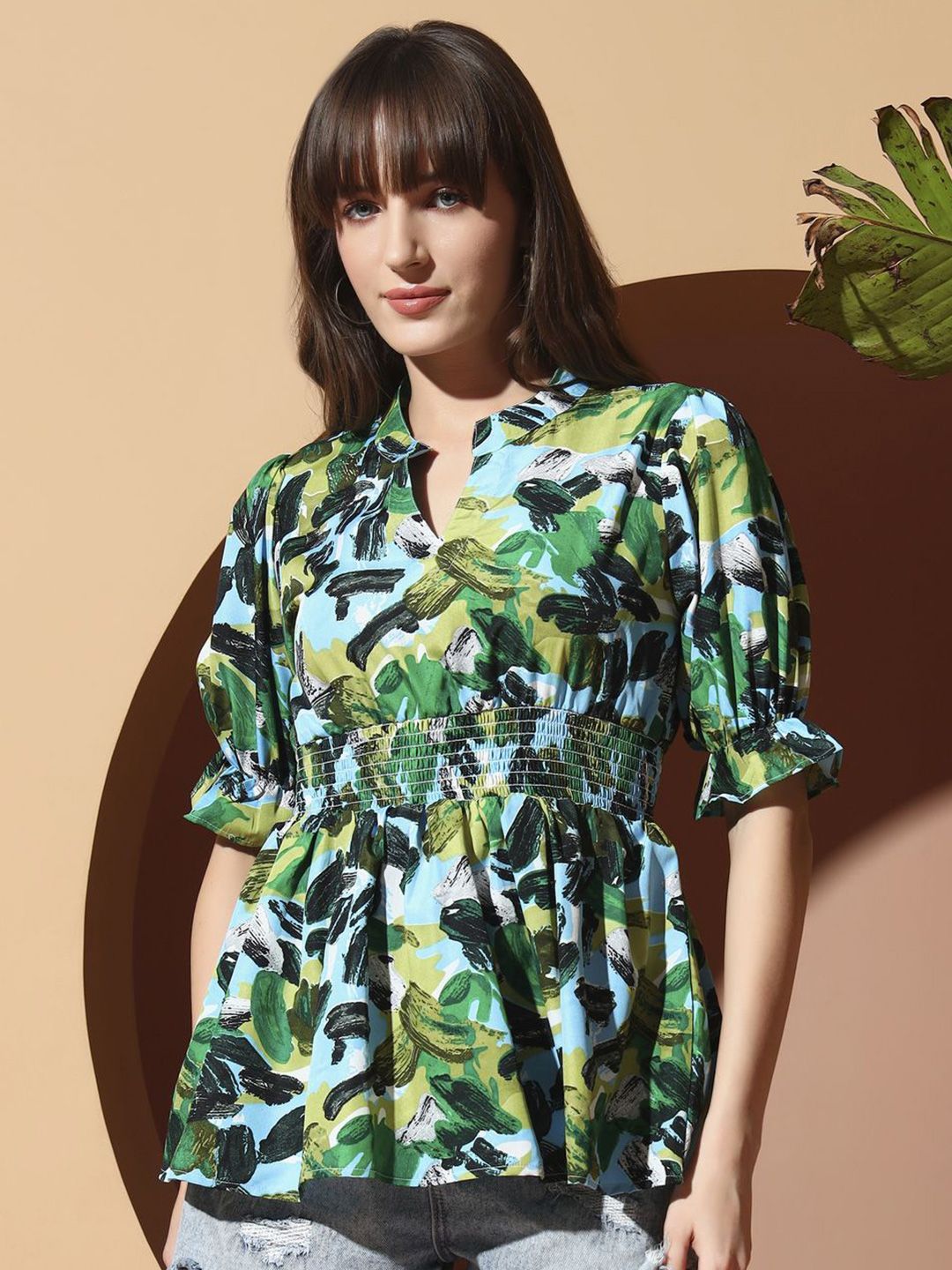 ZWERLON Women Abstract Printed Puff Sleeve Smocked Peplum Top