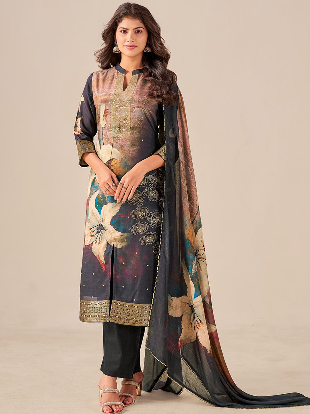 IOLY Women Floral Regular Sequinned Pure Silk Kurta with Trousers &  Dupatta