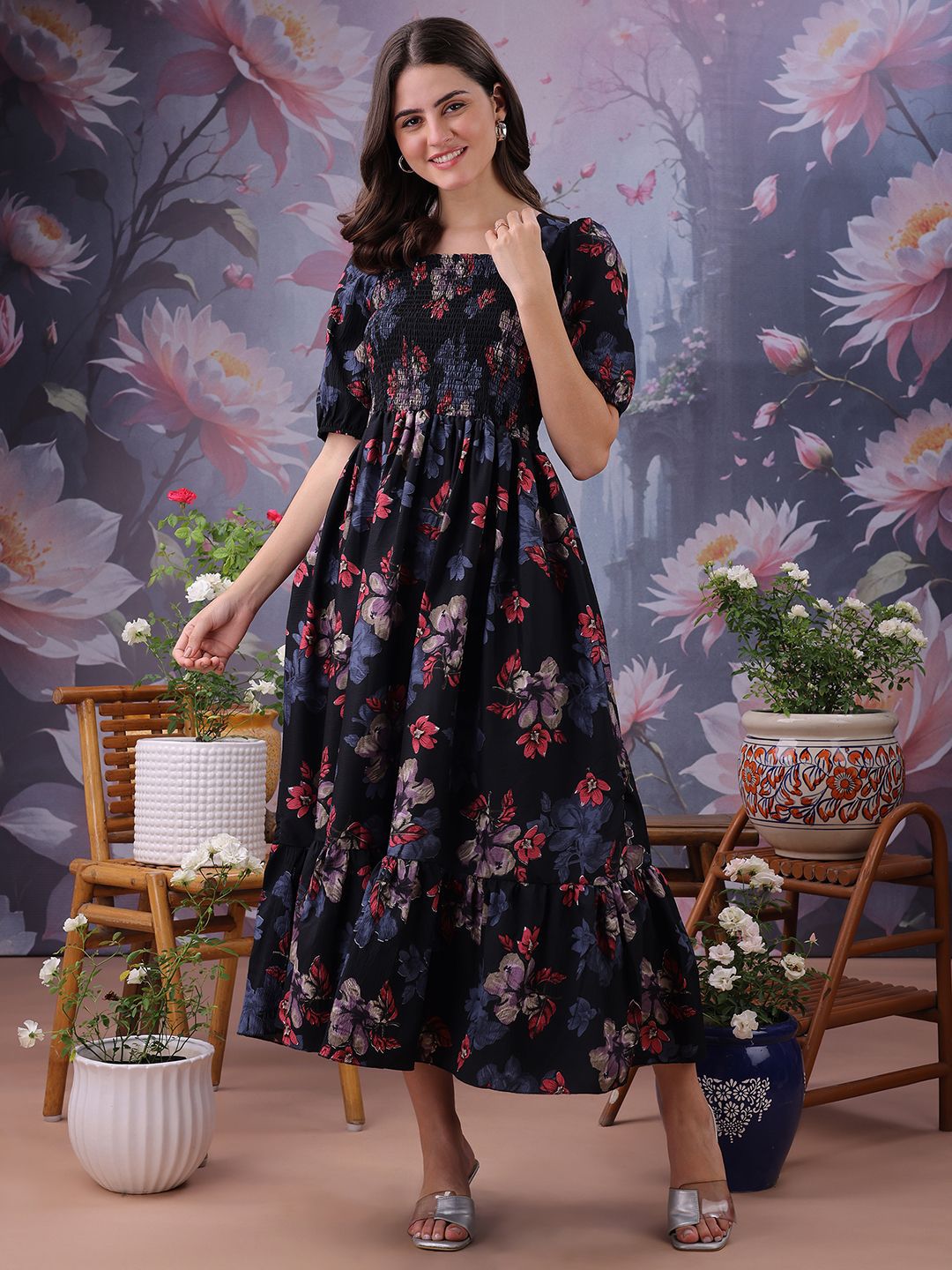 Pinly Women Floral Printed Square Neck Puff Sleeves Tiered Fit And Flare Midi Dress