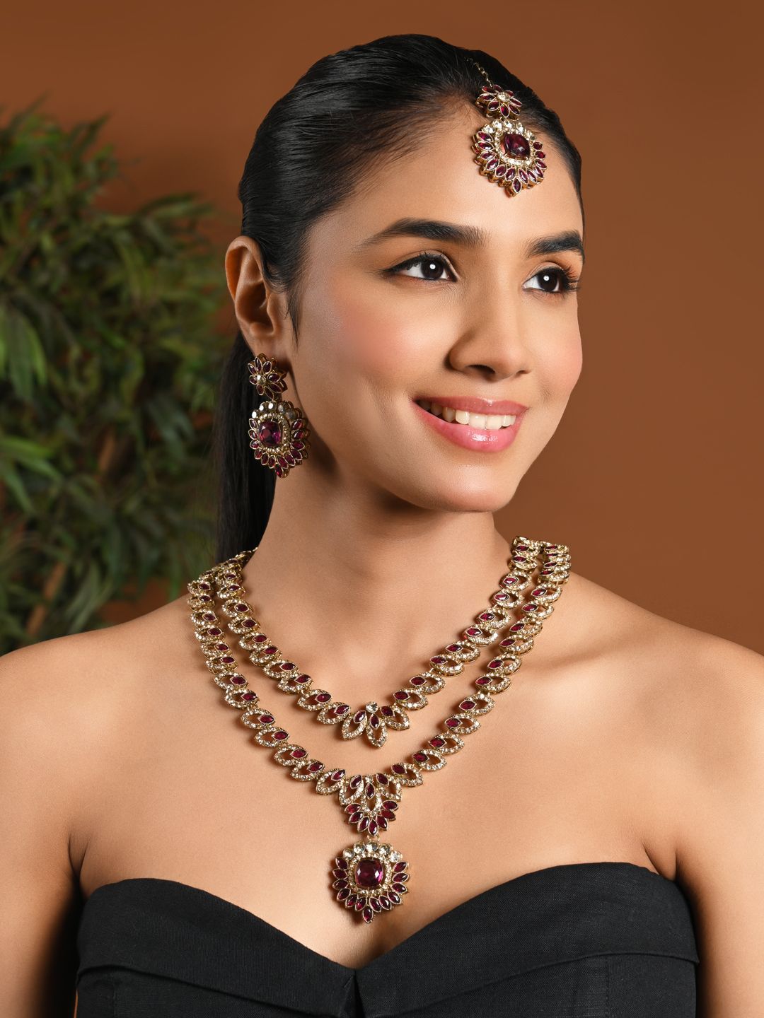 I Jewels Gold Plated Artificial Stones Studded Layered Necklace With Earrings & Maang Tika