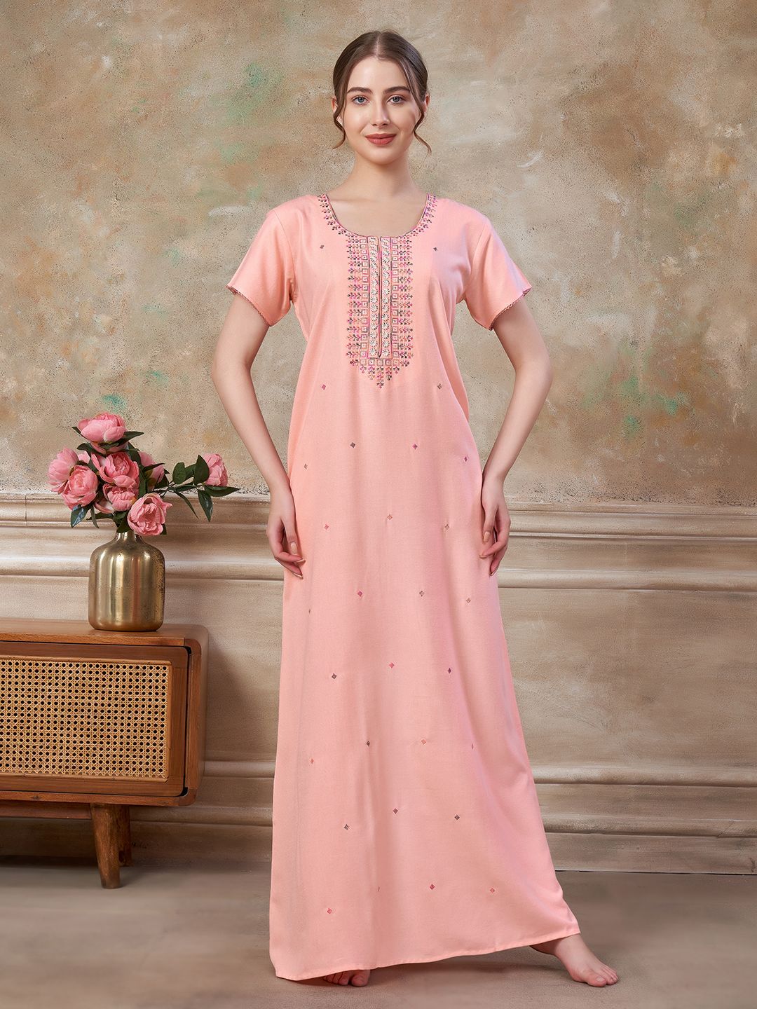 Sand Dune Women Embroidered Maxi Nightdress