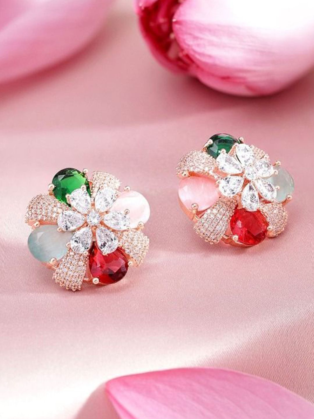 Gemron Jewel Rose Gold-Plated American Diamond Studded Floral Shaped Studs